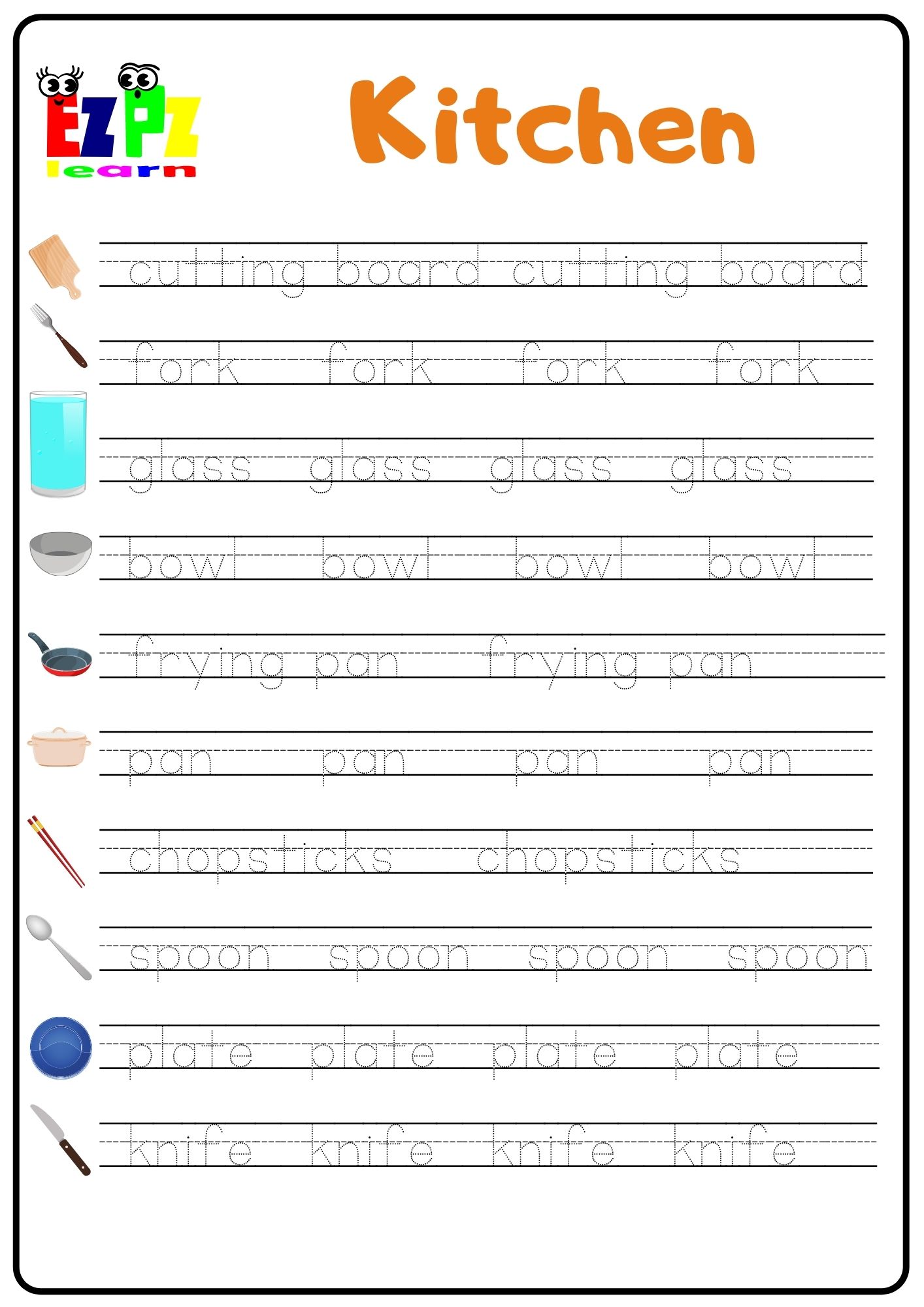 Kitchen Tracing Worksheet 